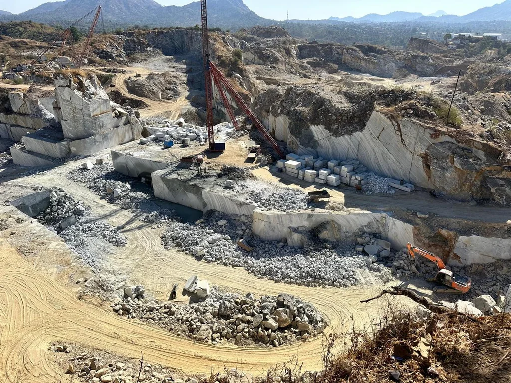 Aerial view of the SAV Stonex marble quarry at Ambaji